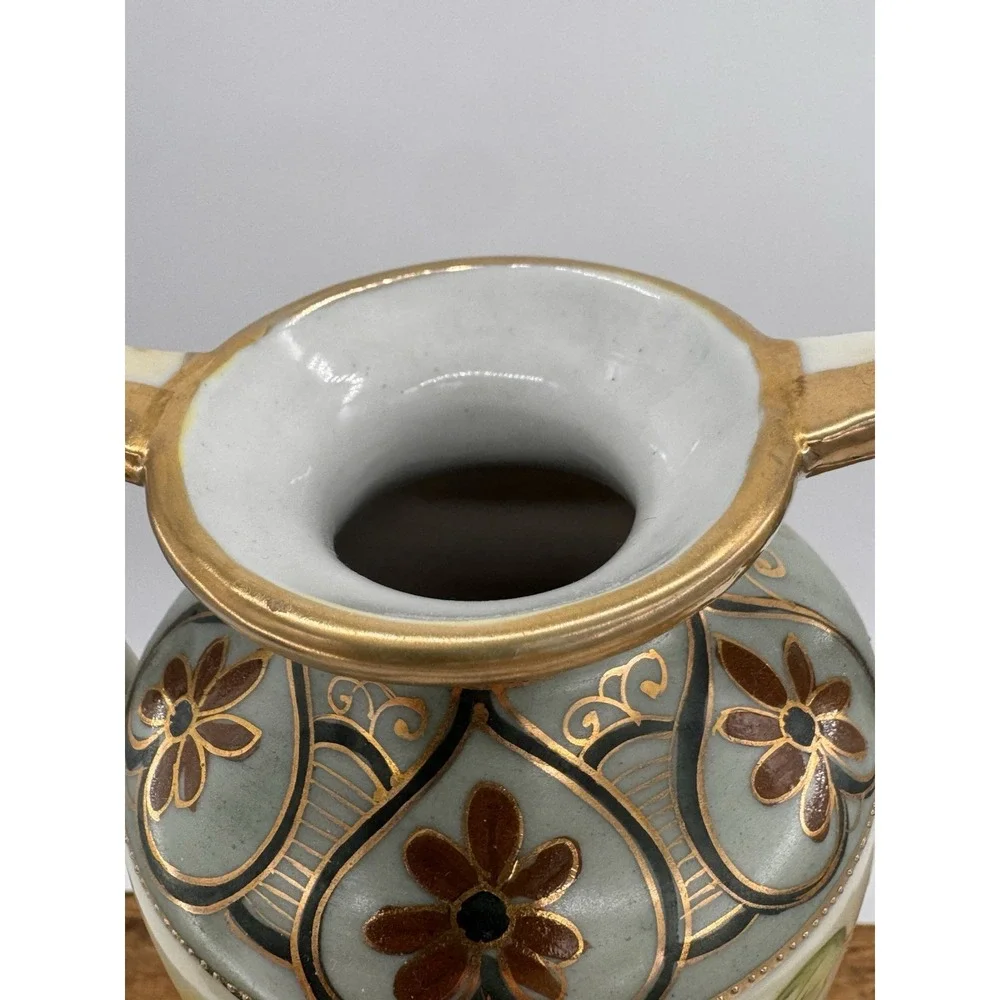 Double Handle Vase Antique Hand Painted Nippon Floral Roses Gold Gilt Porcelain